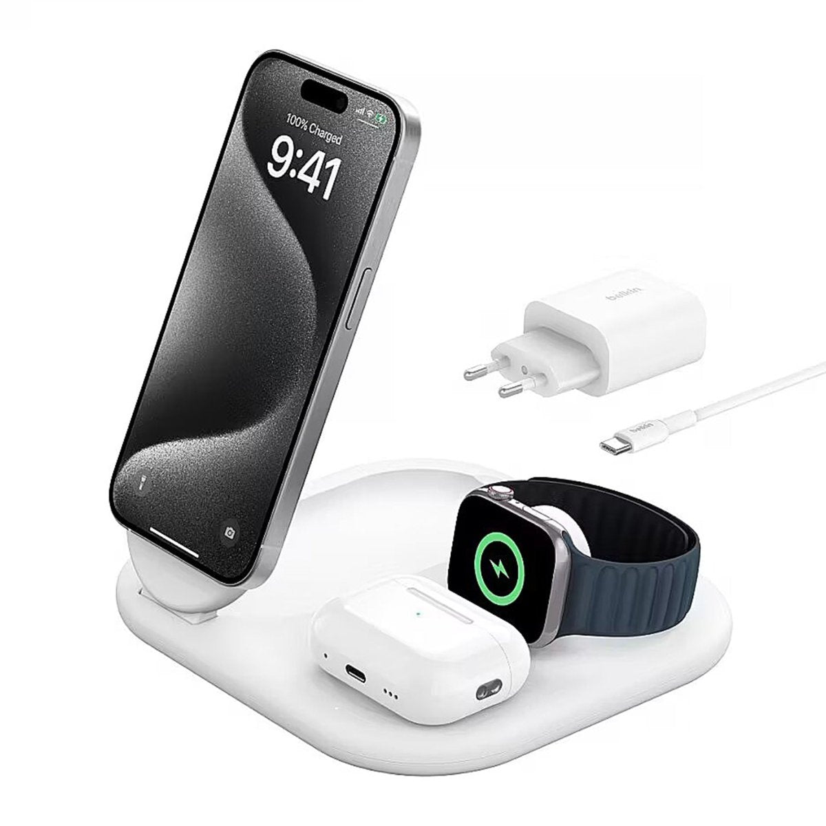 Belkin 3-i-1 Trådlös Laddningsstation med Qi2-teknik 15W Vit - Nyskick