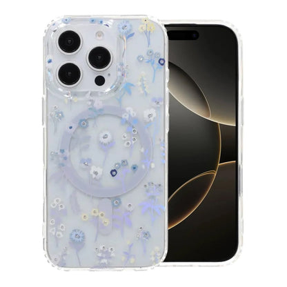 Laser Engraved Floral Rhinestone MagSafe Case For iPhone 16 Pro Purple Mini Daisy
