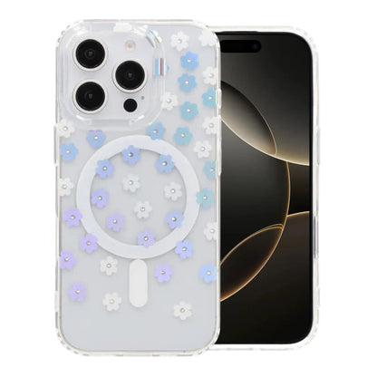 Laser Engraved Floral Rhinestone MagSafe Case For iPhone 16 Pro Max Mini Cream Blossom
