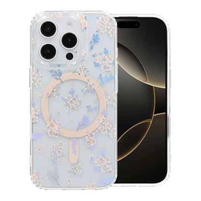 Laser Engraved Floral Rhinestone MagSafe Case For iPhone 16 Pro Pink Geranium