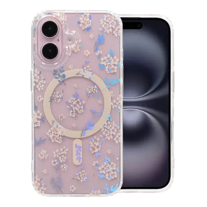 Laser Engraved Floral Rhinestone MagSafe Case For iPhone 16 Pink Geranium