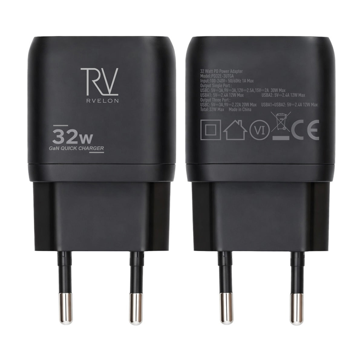 Rvelon Väggladdare USB-C + 2x USB-A 32W GaN - Svart