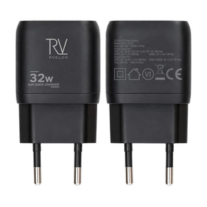 Rvelon Väggladdare USB-C + 2x USB-A 32W GaN - Svart