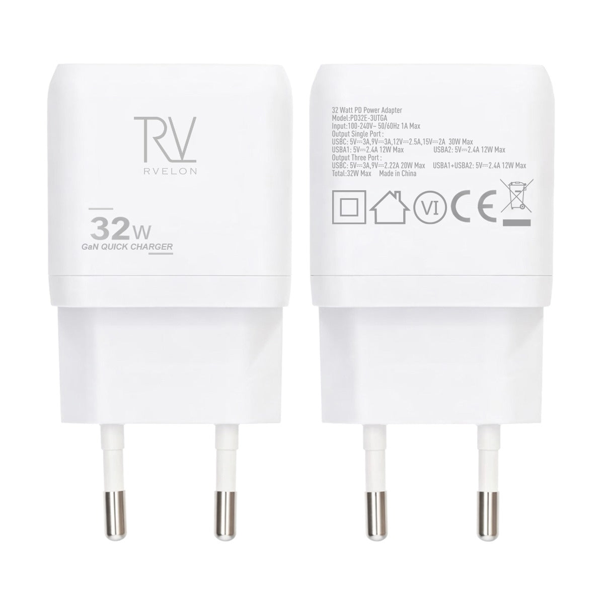 Rvelon Väggladdare USB-C + 2x USB-A 32W GaN - Vit