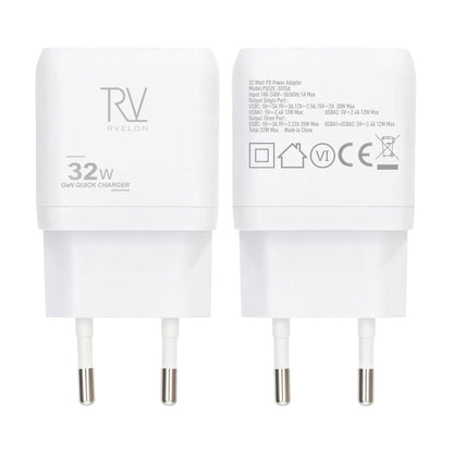 Rvelon Väggladdare USB-C + 2x USB-A 32W GaN - Vit