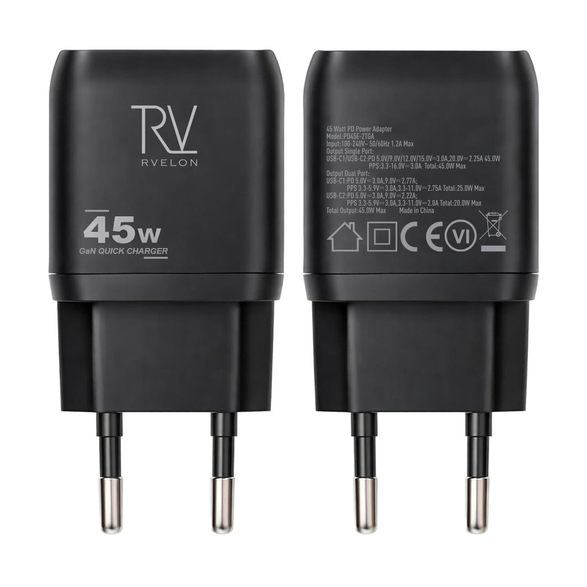 Rvelon USB C Väggladdare 45W GaN Dubbel Port- Svart