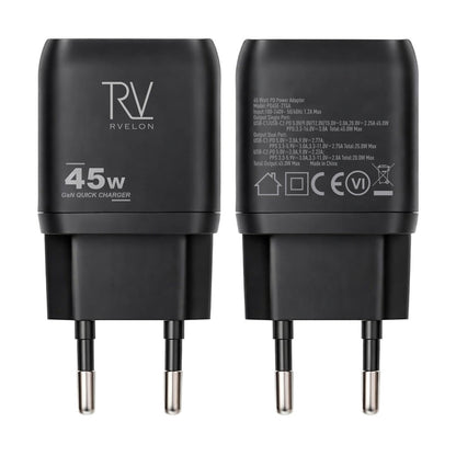 Rvelon USB C Väggladdare 45W GaN Dubbel Port- Svart