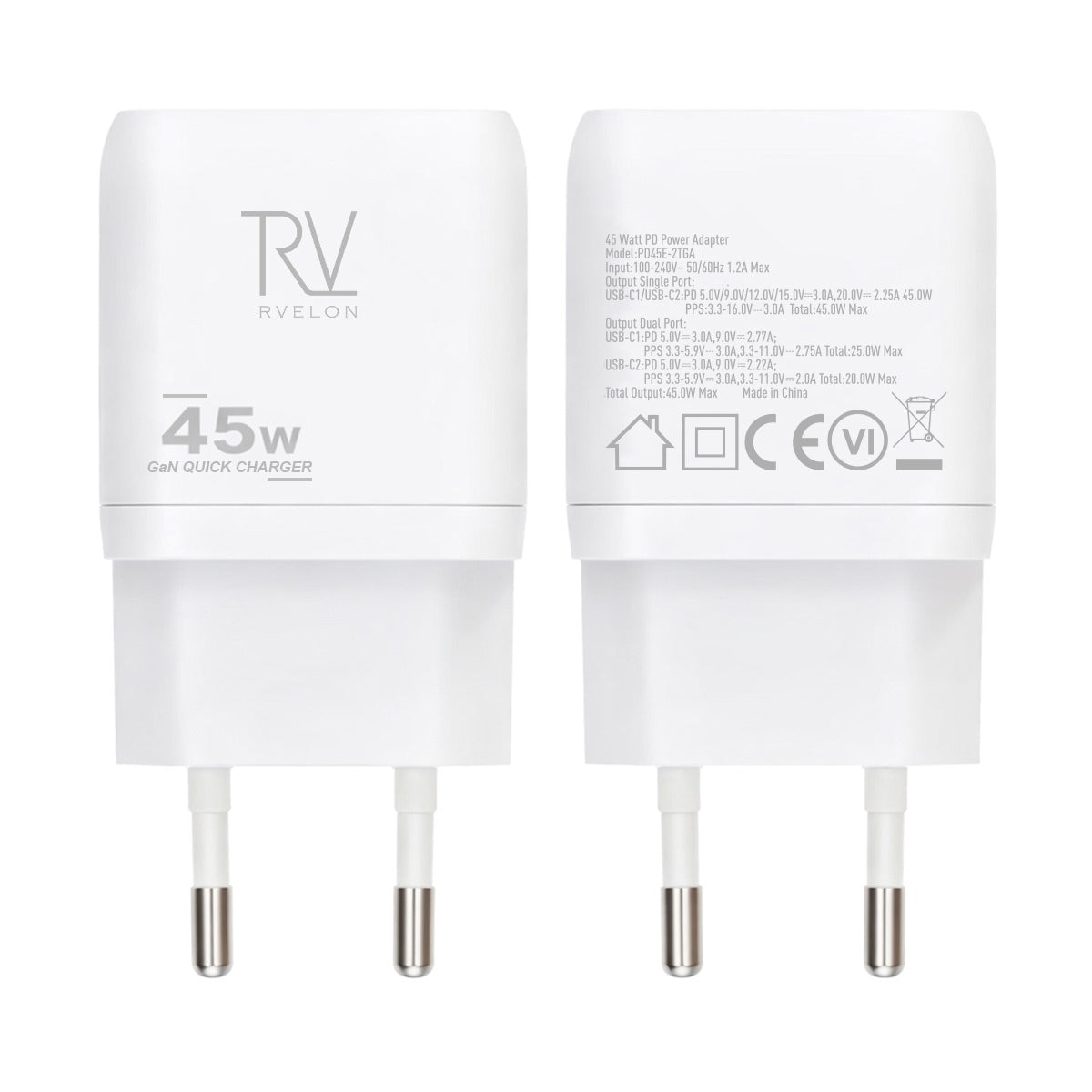 Rvelon USB C Väggladdare 45W GaN Dubbel Port- Vit