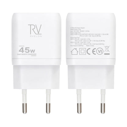 Rvelon USB C Väggladdare 45W GaN Dubbel Port- Vit