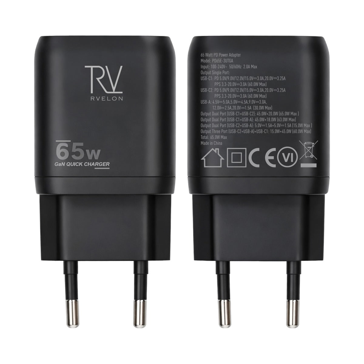 Rvelon Väggladdare 2x USB-C + USB-A 65W GaN - Svart