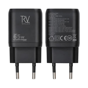Rvelon Väggladdare 2x USB-C + USB-A 65W GaN - Svart