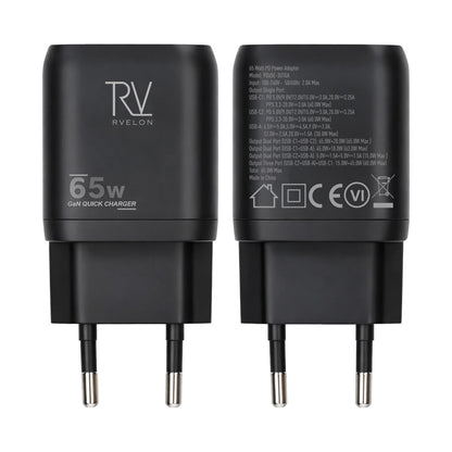 Rvelon Väggladdare 2x USB-C + USB-A 65W GaN - Svart