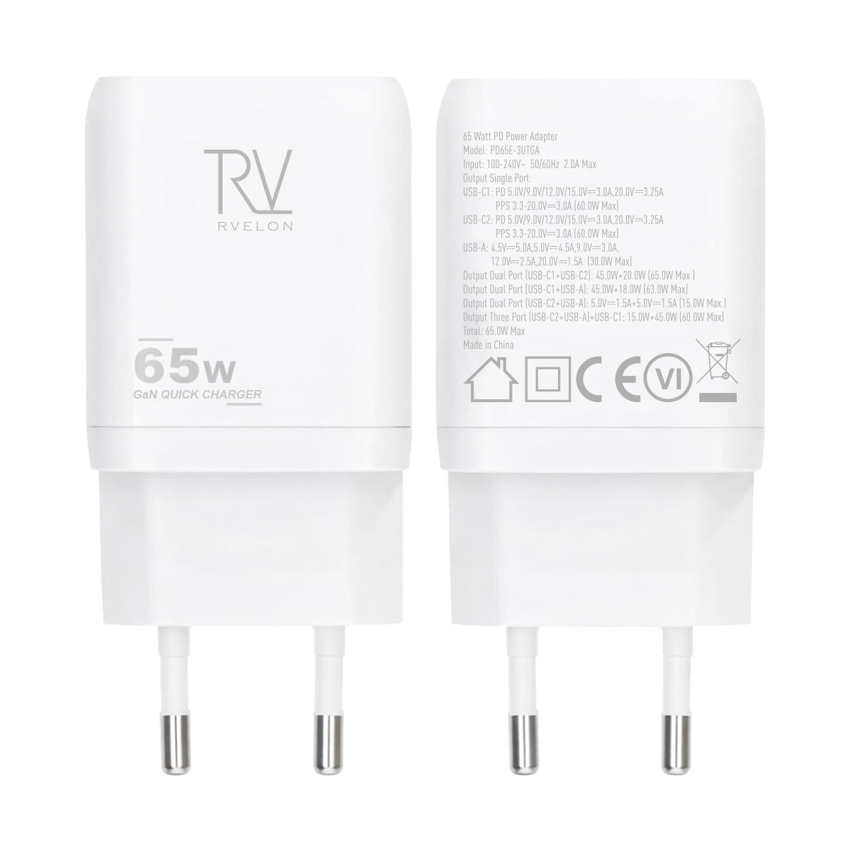 Rvelon Väggladdare 2x USB-C + USB-A 65W GaN - Vit