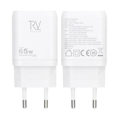 Rvelon Väggladdare 2x USB-C + USB-A 65W GaN - Vit